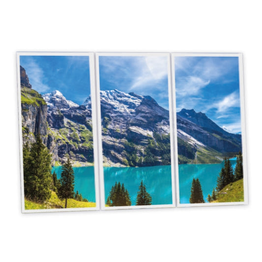 Triptyque dalles LED 120x60 vue panoramique lac et montagnes pour grand espace