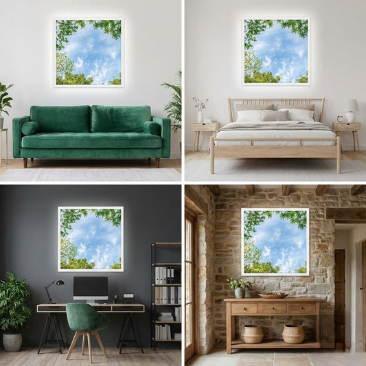 SunshinePanel Dalle LED Décorative Horizon Arboré 60×60 cm - Imprimée en France — vue détail installation plafond LED