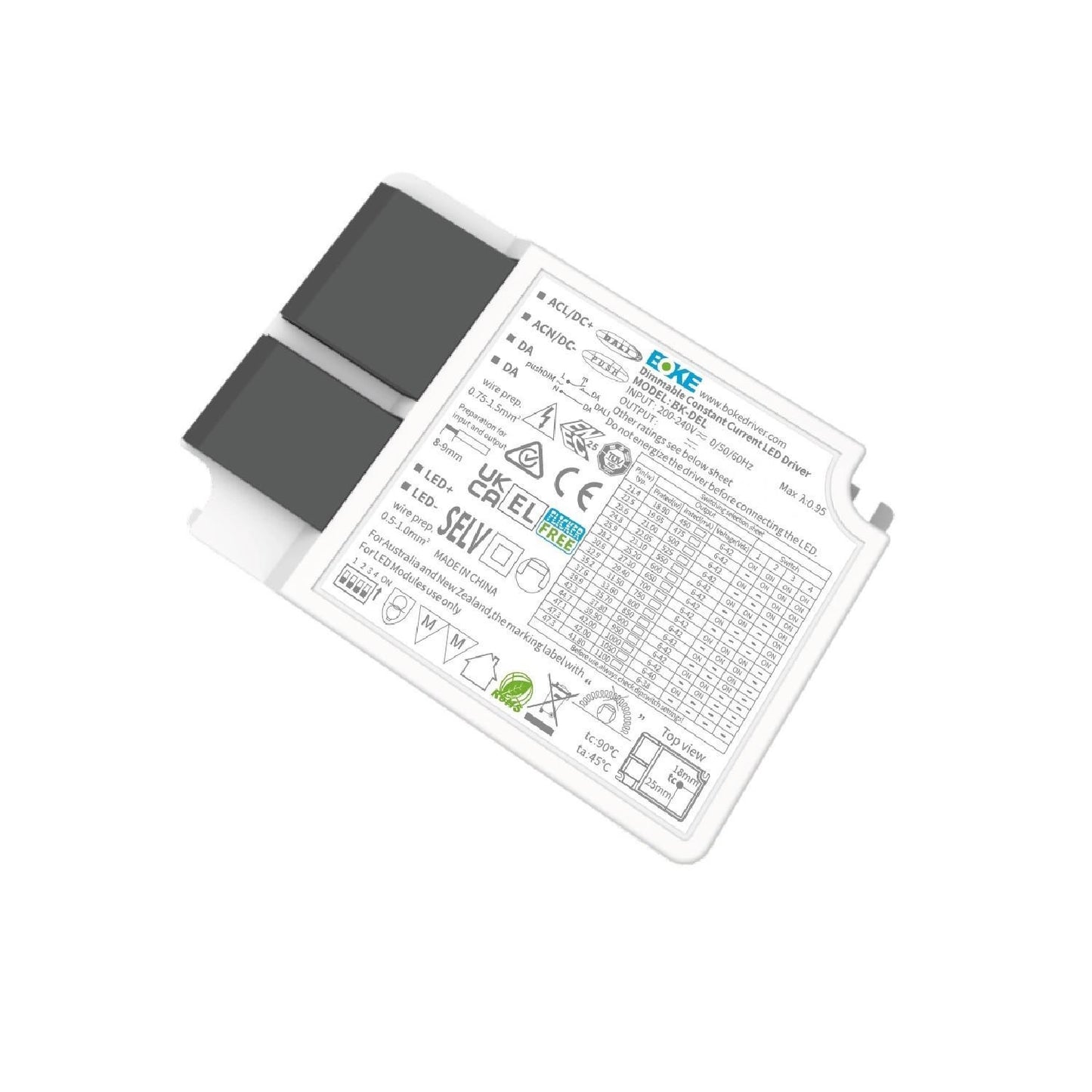 Driver BOKE Dimmable DALI/PUSH 200-240V No Flicker Sortie 6-38V 450-1100mA 42W