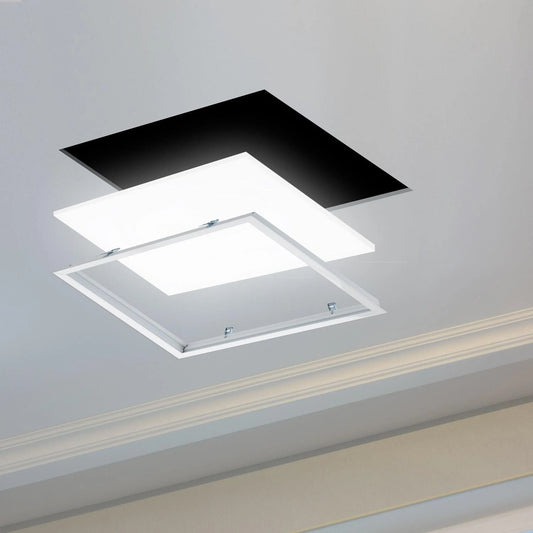 SunshinePanel Kit en Saillie Dalle LED 60×60 cm - Cadre Aluminium Blanc RAL 9016 — vue détail installation plafond LED