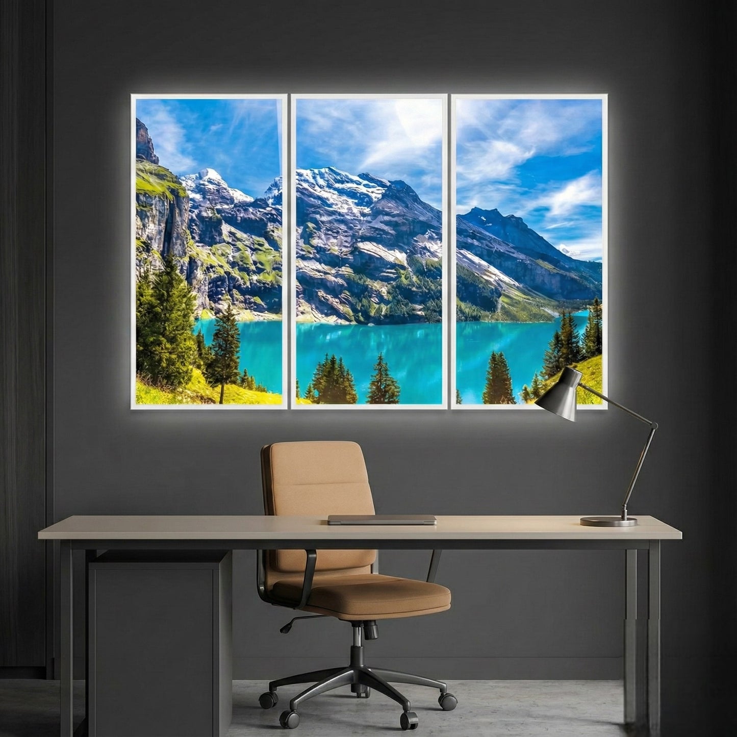 SunshinePanel Pack 3 Dalles LED Lac et Sommets 120�60 cm - 2,16 m� Panoramique, rendu pack vue ensemble