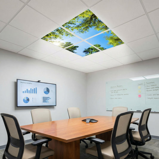 SunshinePanel Pack 4 Dalles LED Mystère Forestier 60×60 cm - 1,44 m² Plafond Lumineux — vue détail installation plafond LED