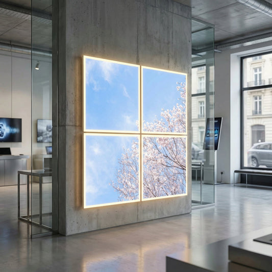 SunshinePanel Pack 4 Dalles LED Nuances Roses 60×60 cm - 1,44 m² Plafond Lumineux — vue détail installation plafond LED