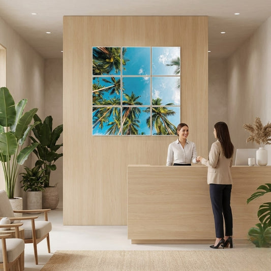 Pack 9 Dalles LED Évasion Tropicale 60×60 cm - détail LED allumée - SunshinePanel