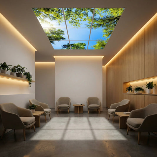 SunshinePanel Pack 9 Dalles LED Mystère Forestier 60×60 cm - 3,24 m² Plafond Complet — vue détail installation plafond LED
