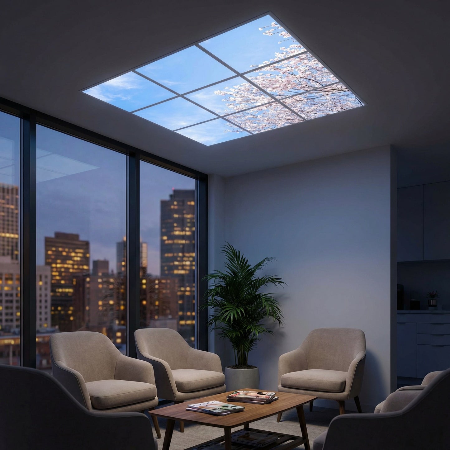 SunshinePanel Pack 9 Dalles LED Nuances Roses 60�60 cm - 3,24 m� Plafond Complet, effet lumineux en situation