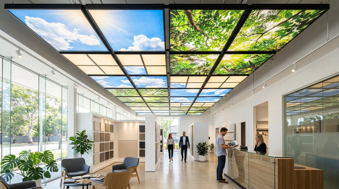 Showroom d eclairage architectural presentant differents motifs de dalles LED ciel et nature