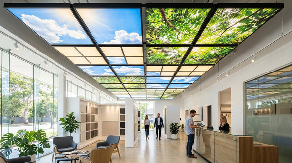 Showroom d eclairage architectural presentant differents motifs de dalles LED ciel et nature