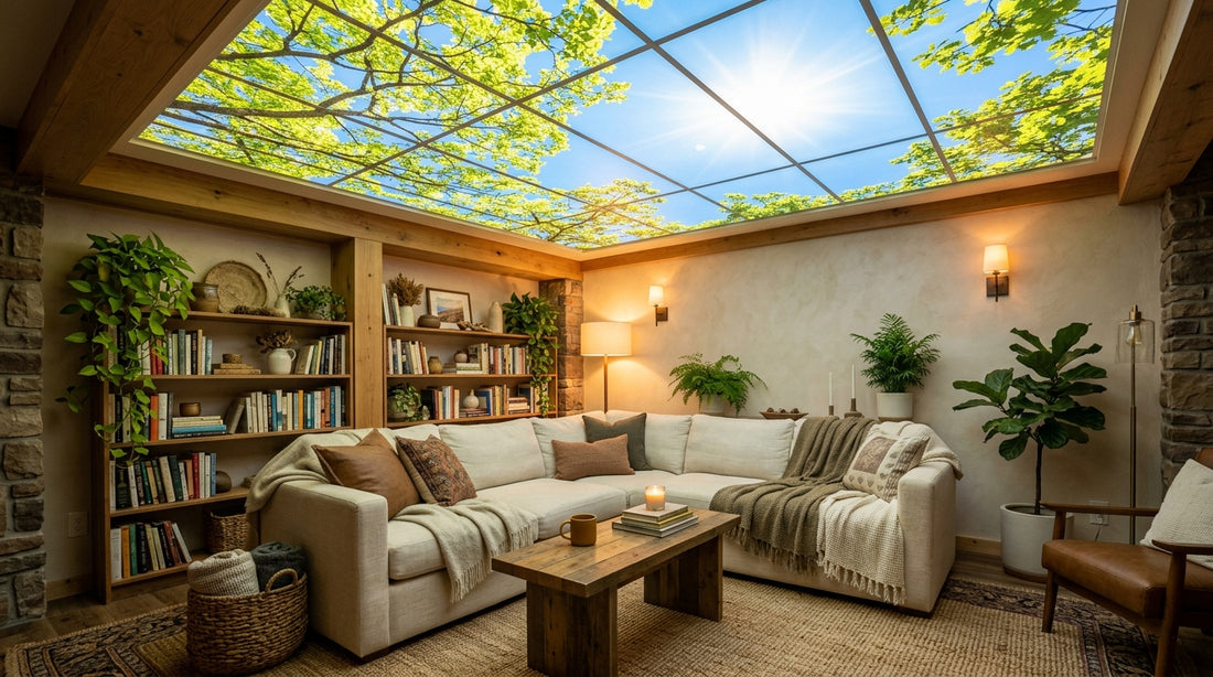 Sous sol amenage en salon chaleureux avec dalle LED ciel lumineux au plafond