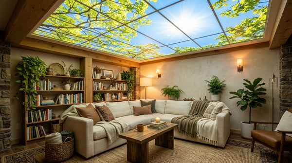 Sous sol amenage en salon chaleureux avec dalle LED ciel lumineux au plafond
