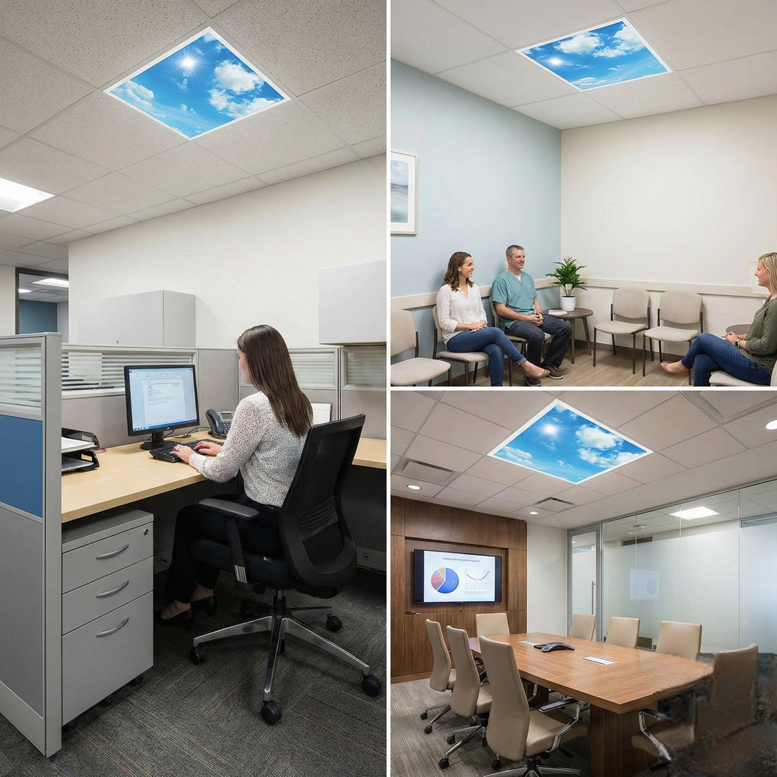 Plafond de bureau equipe de dalles LED imprimees ciel bleu lumineux