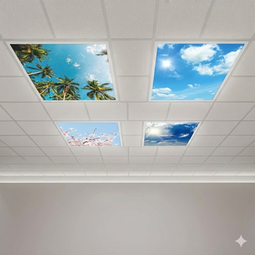 Panneaux led, plafonniers, ciels, cerisiers, nuages