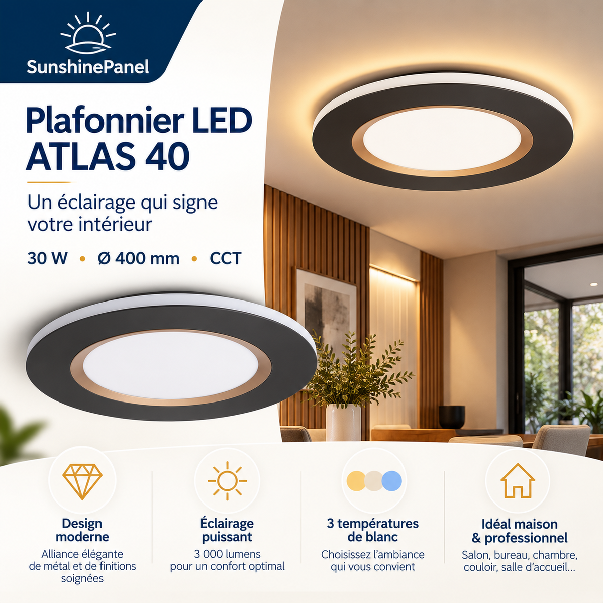 Plafonnier LED ATLAS 40 – 30 W, Ø 400 | SunshinePanel