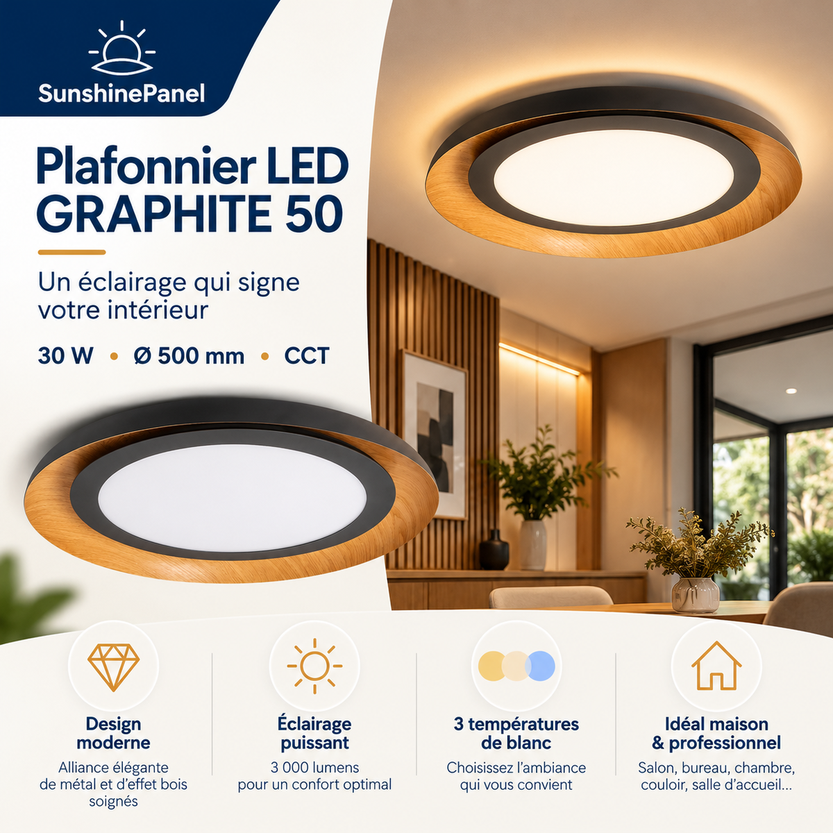 Plafonnier LED GRAPHITE 50 – 30 W, Ø 500 | SunshinePanel
