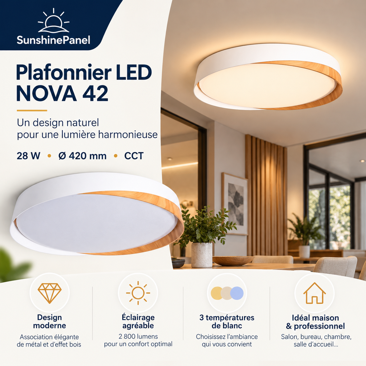 Plafonnier LED NOVA 42 – 28 W, Ø 420 | SunshinePanel