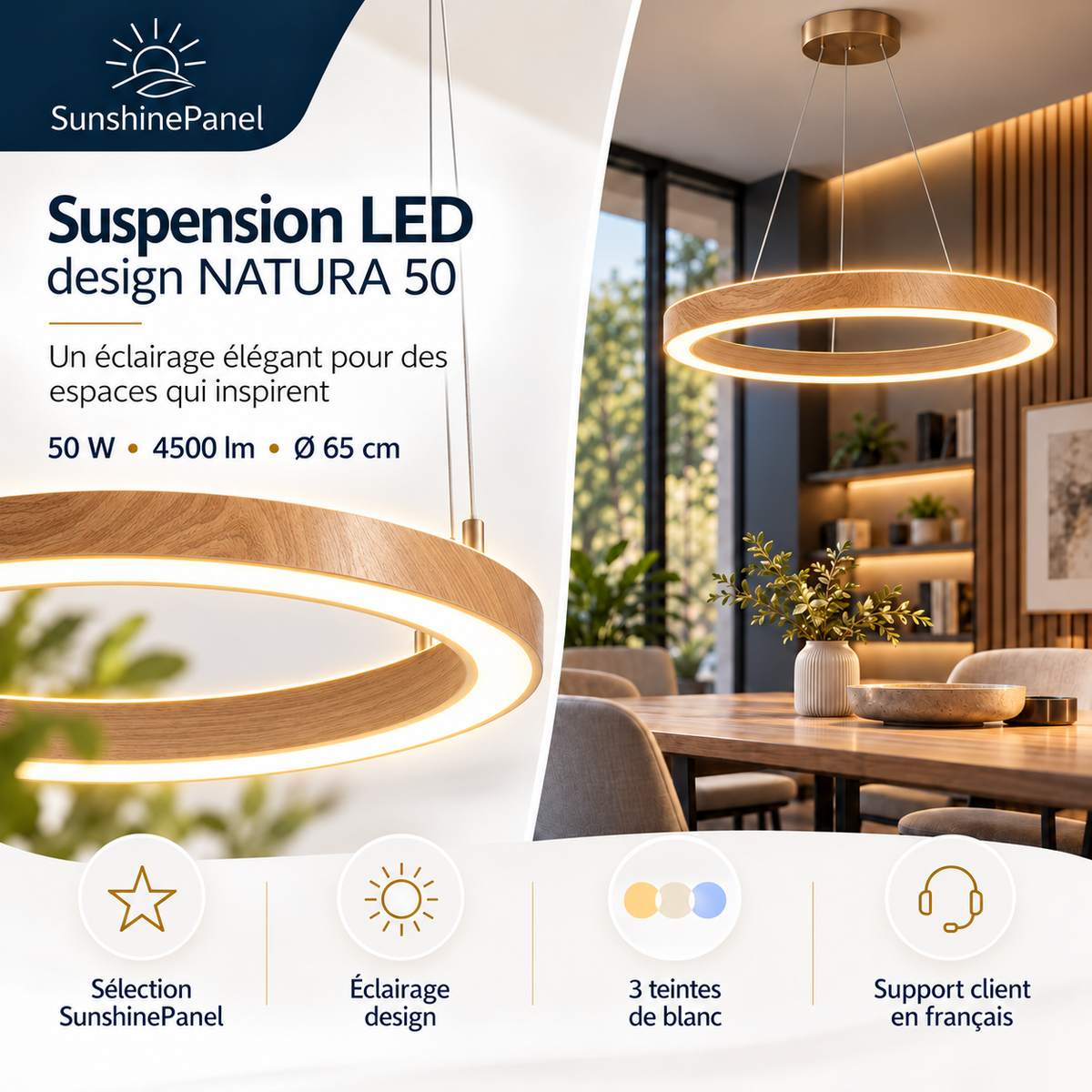 Suspension LED NATURA 50 – Design circulaire Ø65 cm, 50 W CCT | SunshinePanel