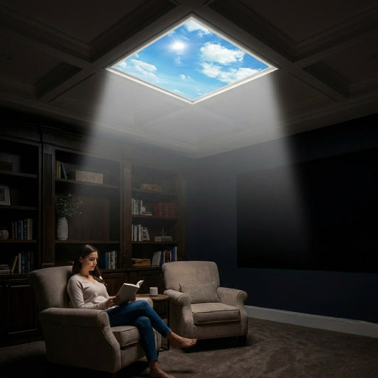 SunshinePanel Dalle LED Décorative Ciel Lumineux 60×60 cm - Imprimée en France — vue détail installation plafond LED