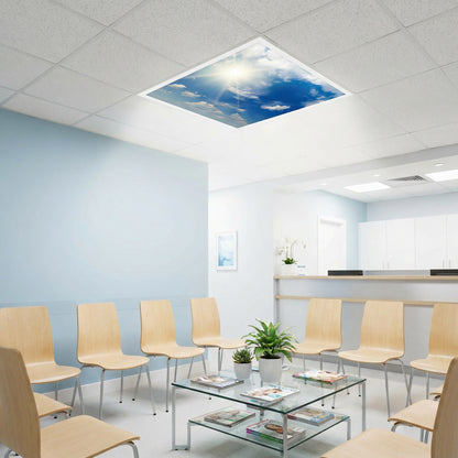SunshinePanel Dalle LED D�corative Ciel Tr�s Nuageux 60�60 cm - Imprim�e en France, vue d�tail installation plafond LED