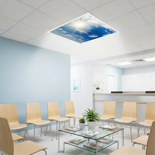 SunshinePanel Dalle LED Décorative Ciel Très Nuageux 60×60 cm - Imprimée en France — vue détail installation plafond LED