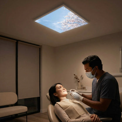 SunshinePanel Dalle LED D�corative Fleurs de Ciel 60�60 cm - Imprim�e en France, vue d�tail installation plafond LED
