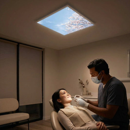 SunshinePanel Dalle LED Décorative Fleurs de Ciel 60×60 cm - Imprimée en France — vue détail installation plafond LED