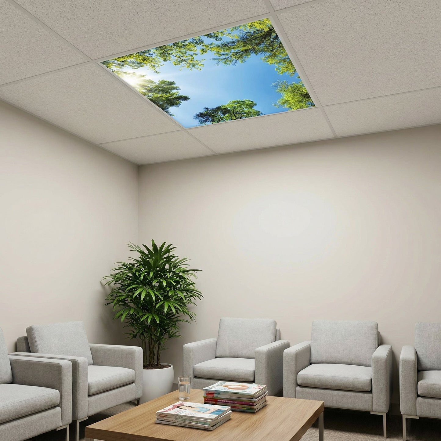SunshinePanel Dalle LED D�corative Myst�re Forestier 60�60 cm - Imprim�e en France, vue d�tail installation plafond LED