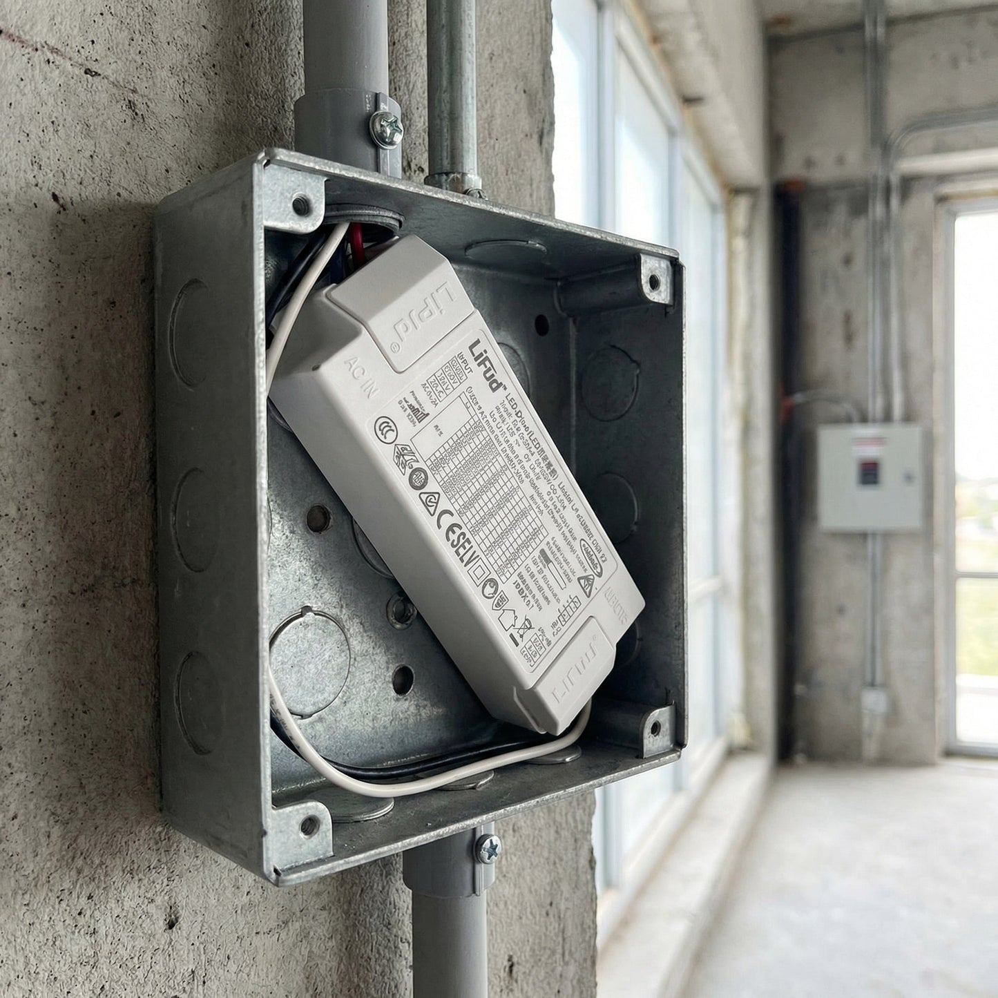 SunshinePanel Driver LED Dimmable LIFUD 40W DALI/PUSH - Compatible Dalles 60�60 et 120�60, vue arriere et connectique