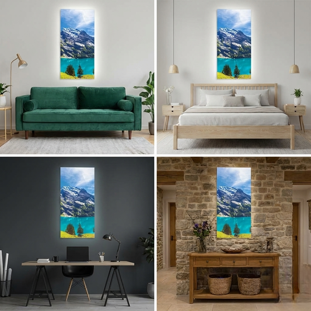 Dalle LED 120x60cm - Puits de Lumière - Éclairage en Trompe-l'œil - "Lac et Sommets"