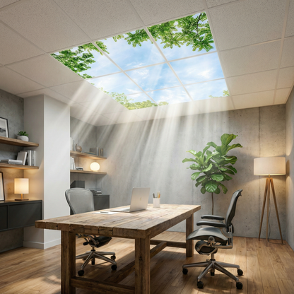 Pack 9 Dalles LED 60x60cm - Verrière Intégrale - Éclairage en Trompe-l'œil - "Horizon Arboré"