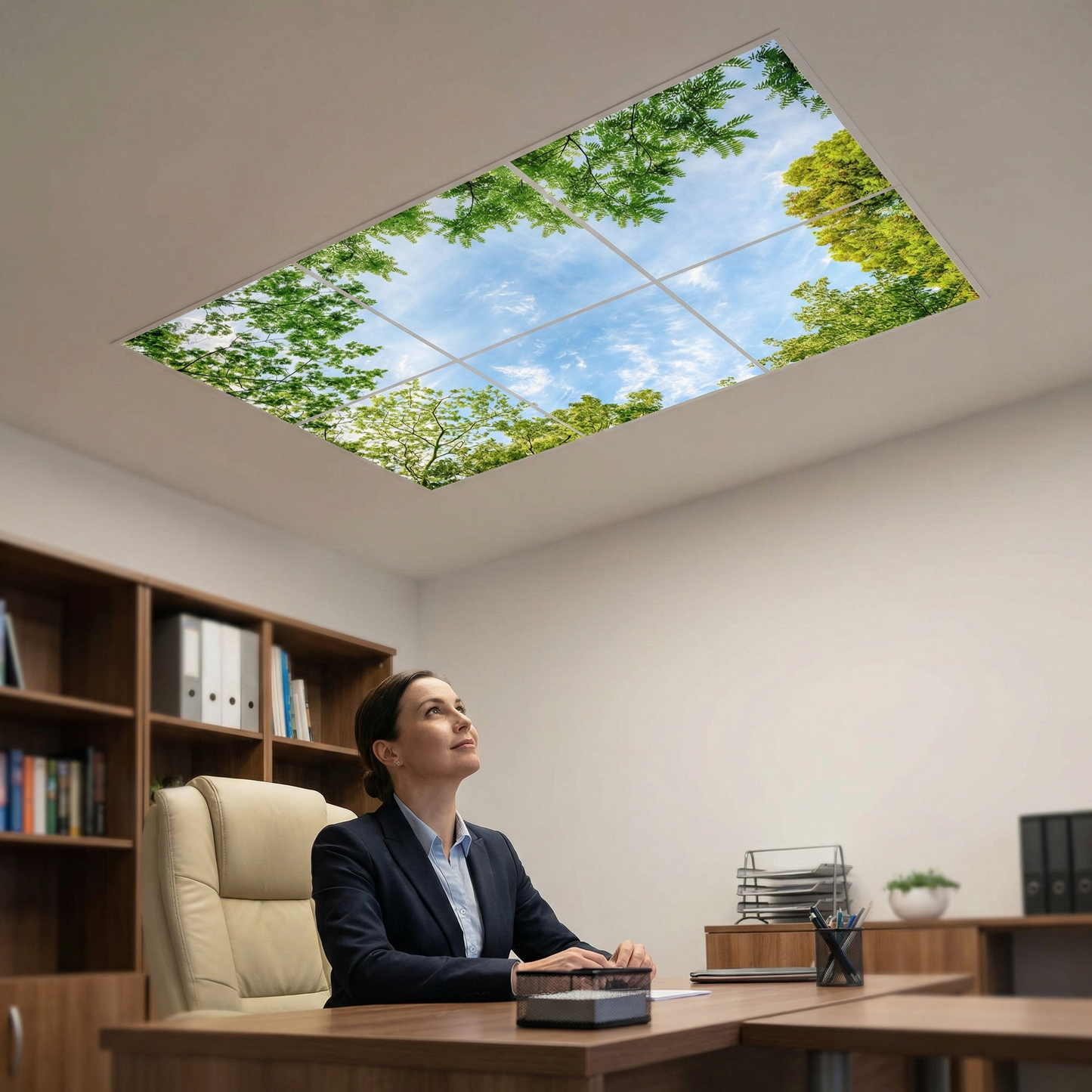 Pack 6 Dalles LED 60x60cm - Plafond Visuel - Éclairage en Trompe-l'œil - "Horizon Arboré"