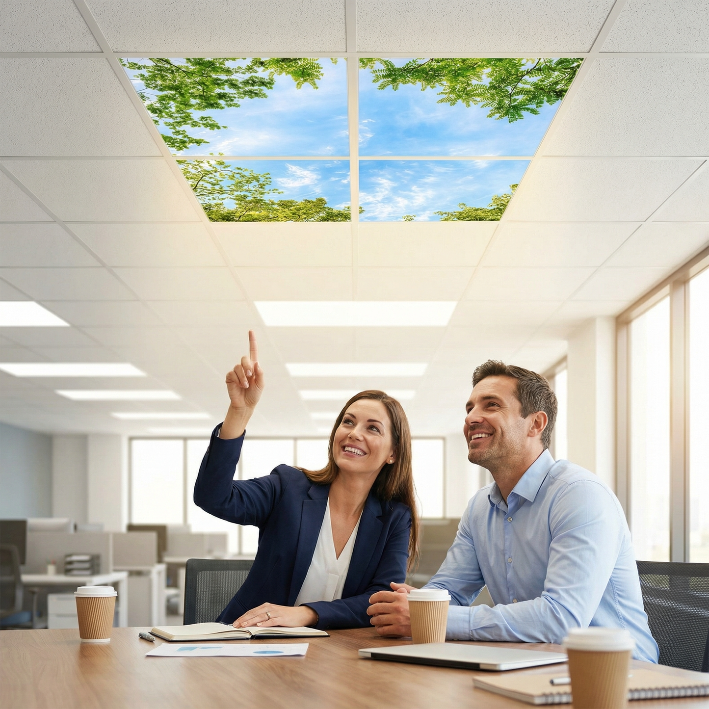 Pack 4 Dalles LED 60x60cm - Puits de Lumière XXL - Éclairage en Trompe-l'œil - "Horizon Arboré"