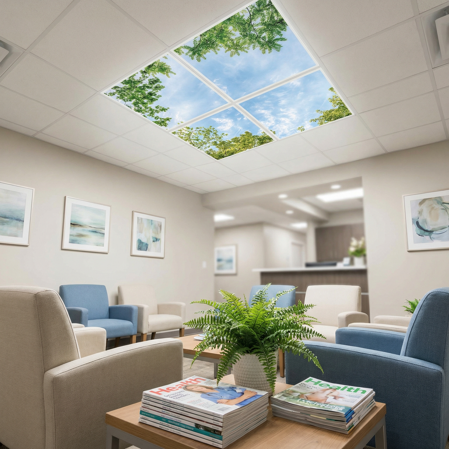 Pack 4 Dalles LED 60x60cm - Puits de Lumière XXL - Éclairage en Trompe-l'œil - "Horizon Arboré"