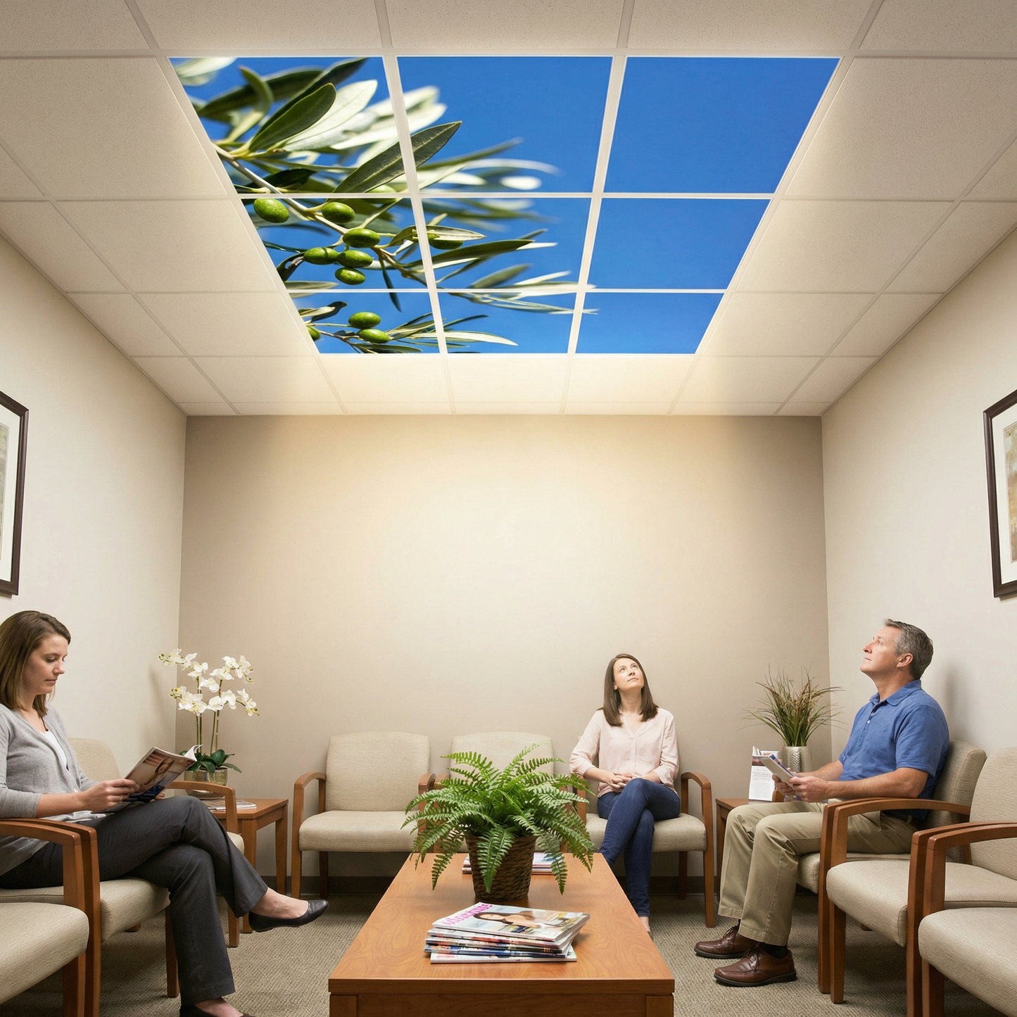 Pack 9 Dalles LED 60x60cm - Verrière Intégrale - Éclairage en Trompe-l'œil - "Parfum d'Oliviers"