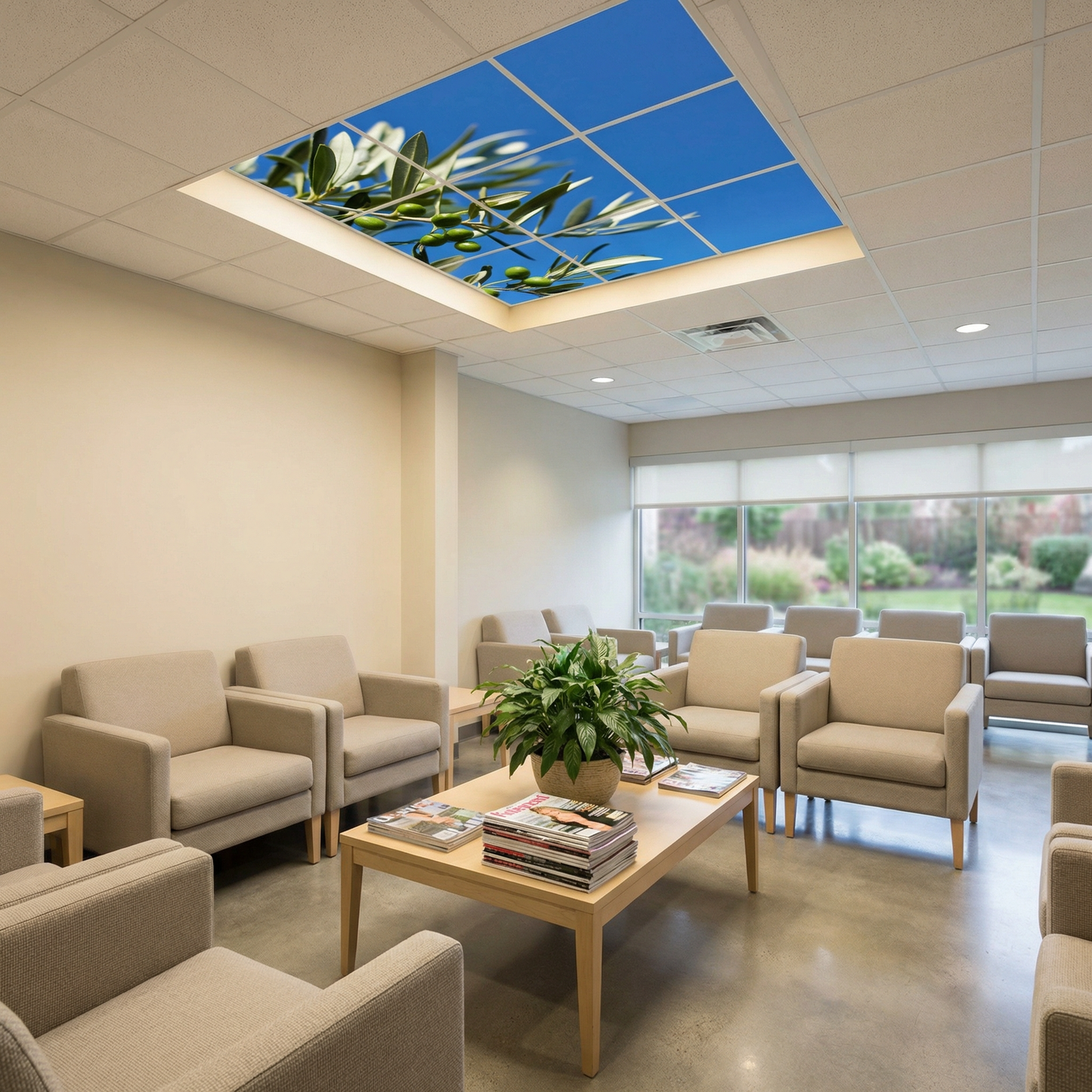 Pack 9 Dalles LED 60x60cm - Verrière Intégrale - Éclairage en Trompe-l'œil - "Parfum d'Oliviers"