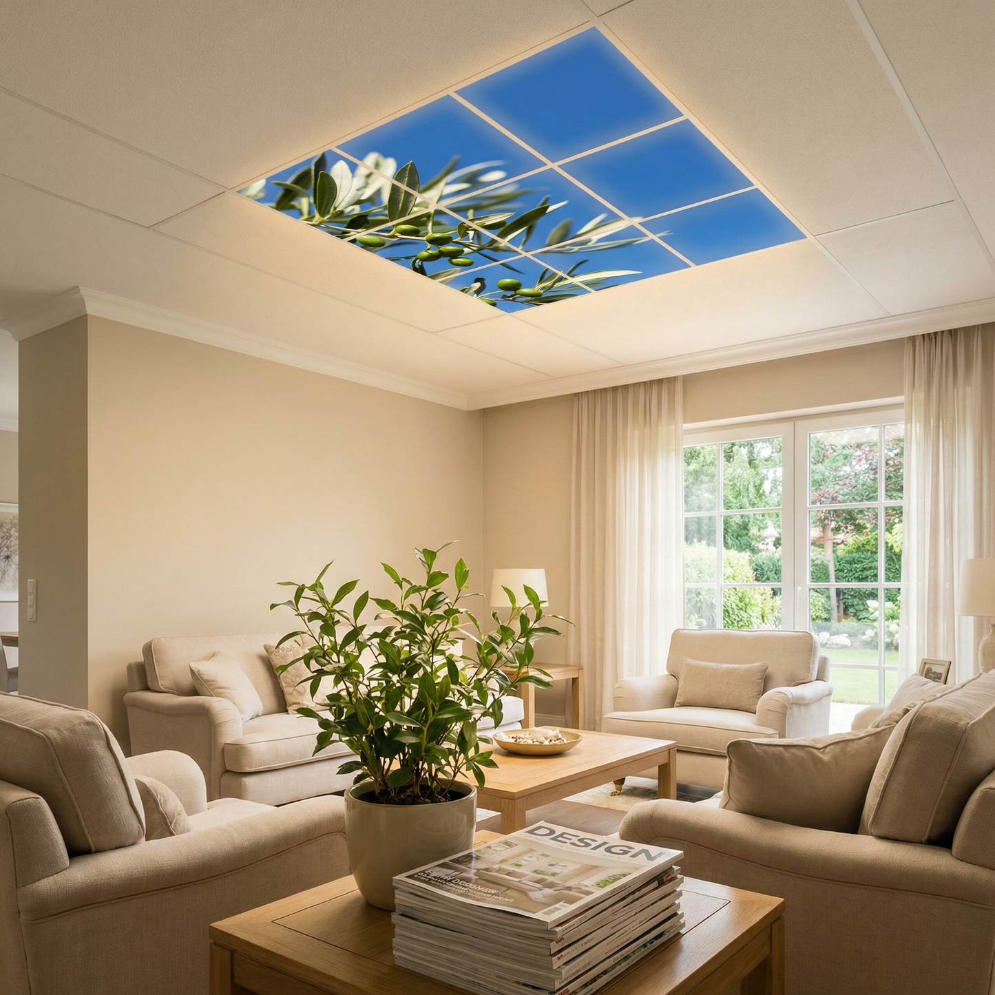 Pack 9 Dalles LED 60x60cm - Verrière Intégrale - Éclairage en Trompe-l'œil - "Parfum d'Oliviers"