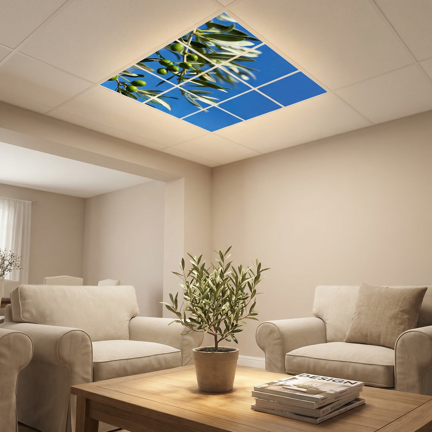 Pack 9 Dalles LED 60x60cm - Verrière Intégrale - Éclairage en Trompe-l'œil - "Parfum d'Oliviers"