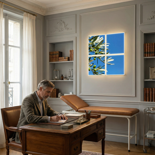 Pack 4 Dalles LED 60x60cm - Puits de Lumière XXL - Éclairage en Trompe-l'œil - "Parfum d'Oliviers"