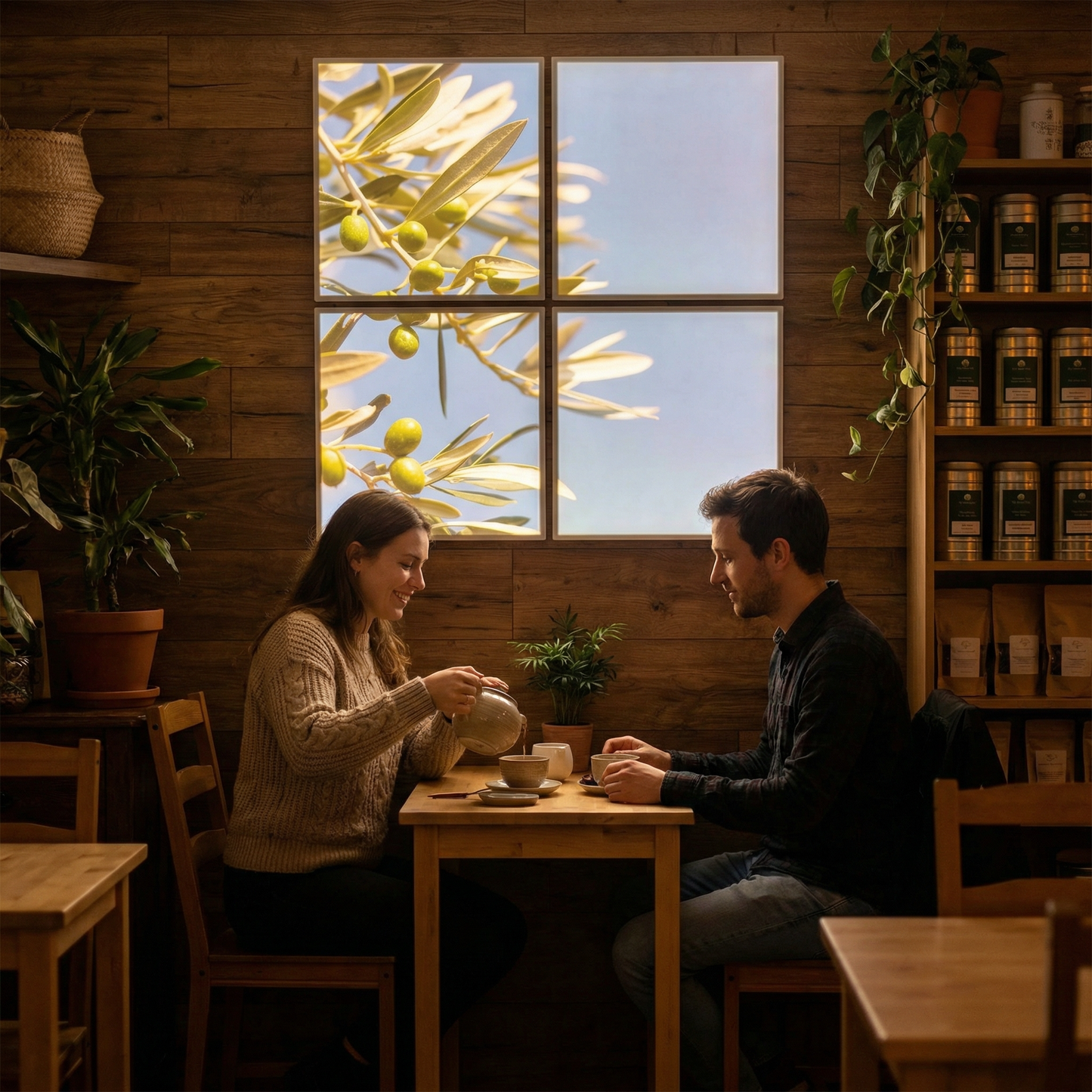 Pack 4 Dalles LED 60x60cm - Puits de Lumière XXL - Éclairage en Trompe-l'œil - "Parfum d'Oliviers"