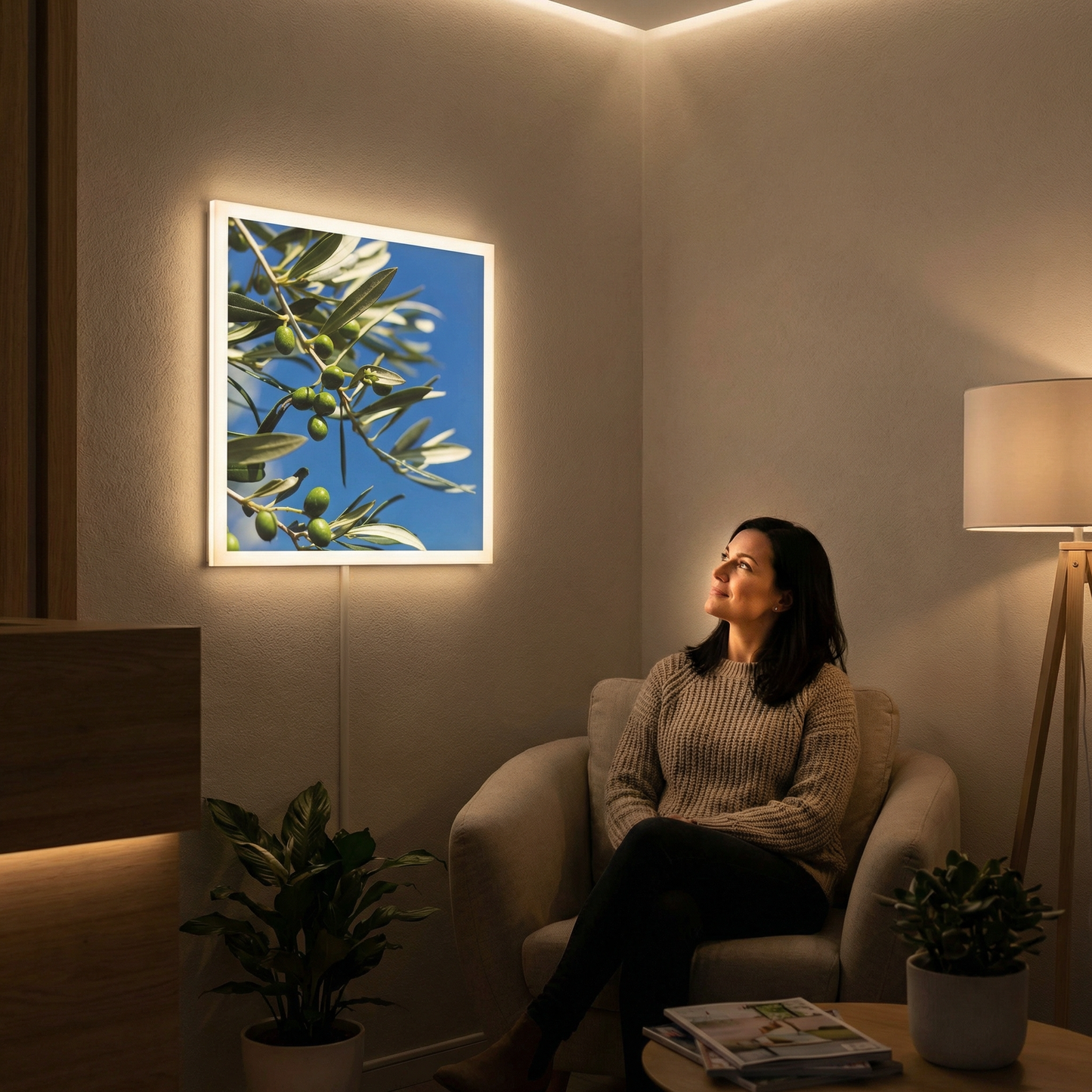 Dalle LED 60x60cm - Puits de Lumière - Éclairage en Trompe-l'œil - "Parfum d'Oliviers"