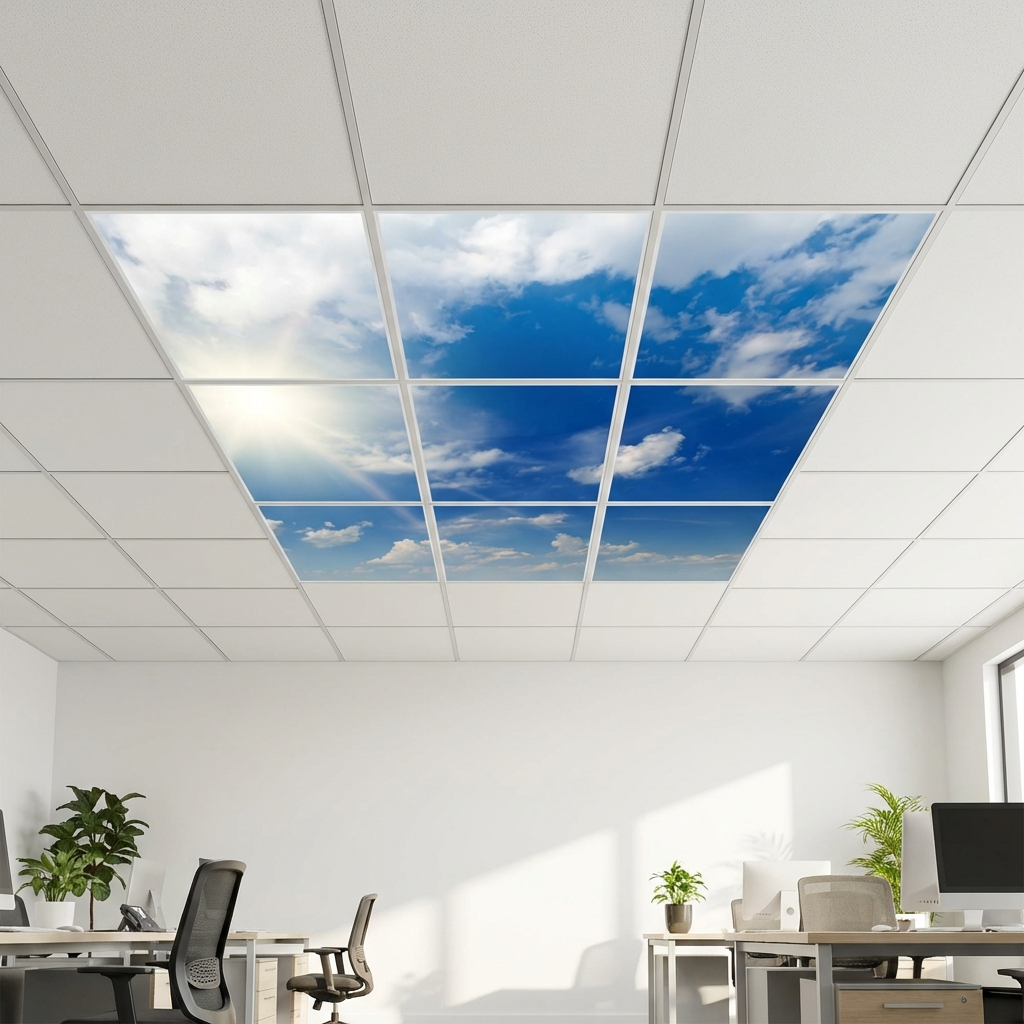 Pack 9 Dalles LED 60x60cm - Verrière Intégrale - Éclairage en Trompe-l'œil - "Ciel Très Nuageux"