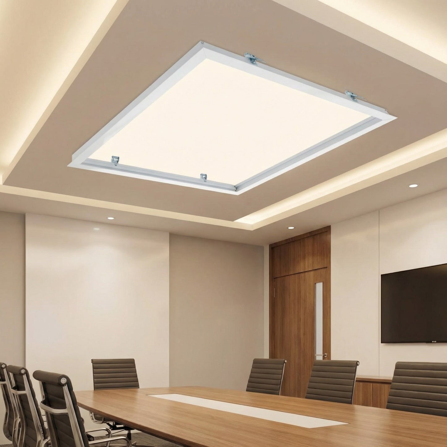 SunshinePanel Kit en Saillie Dalle LED 60�60 cm - Cadre Aluminium Blanc RAL 9016, vue arriere et connectique