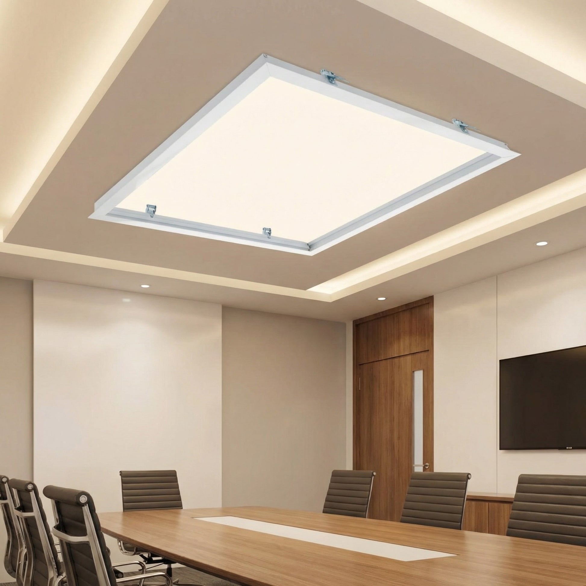 SunshinePanel Kit en Saillie Dalle LED 60�60 cm - Cadre Aluminium Blanc RAL 9016, vue arriere et connectique