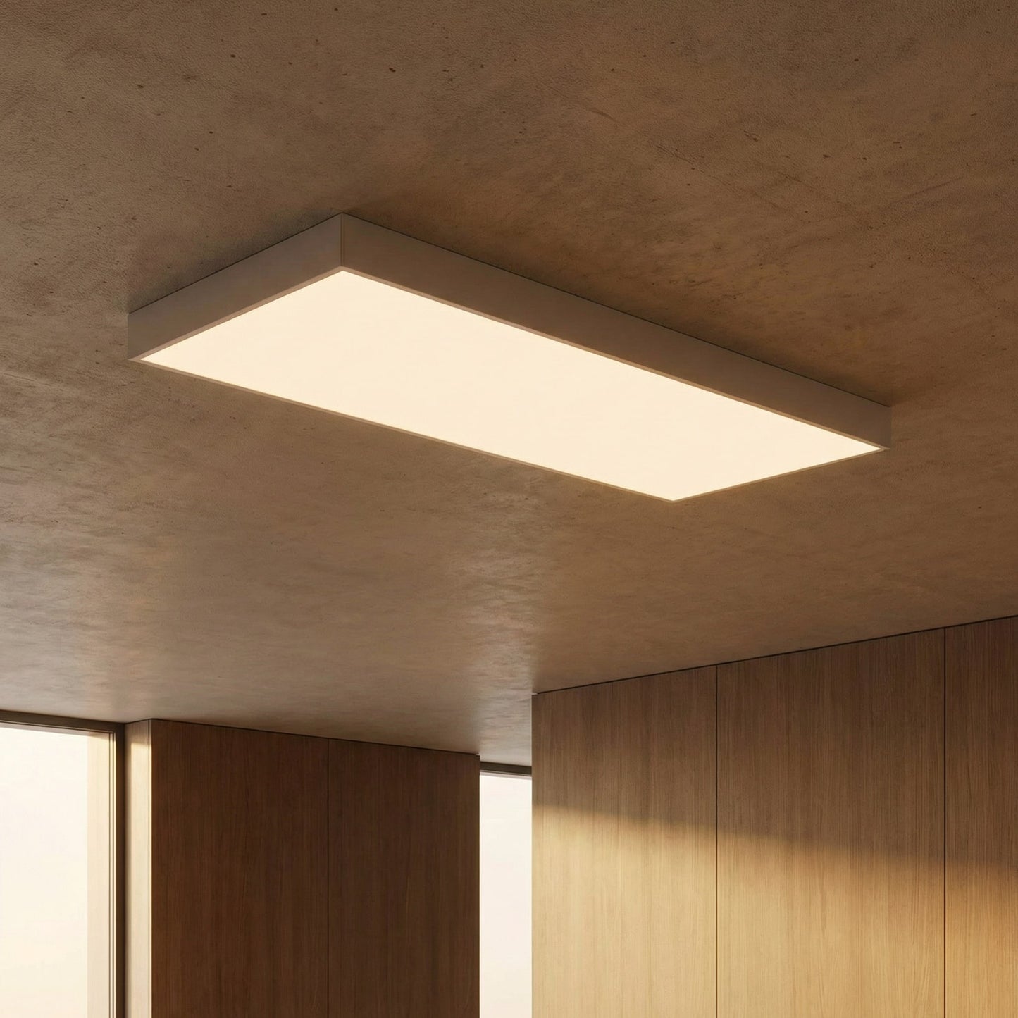 SunshinePanel Kit Fixation Saillie Dalle LED 120�60 cm - Cadre Aluminium Blanc RAL 9016, rendu pack vue ensemble