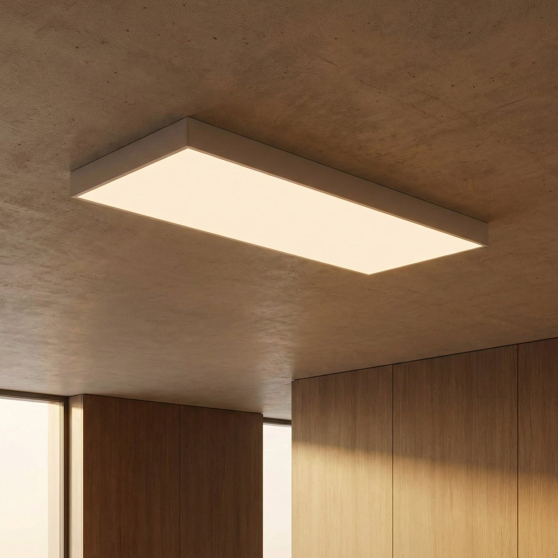 SunshinePanel Kit Fixation Saillie Dalle LED 120�60 cm - Cadre Aluminium Blanc RAL 9016, rendu pack vue ensemble