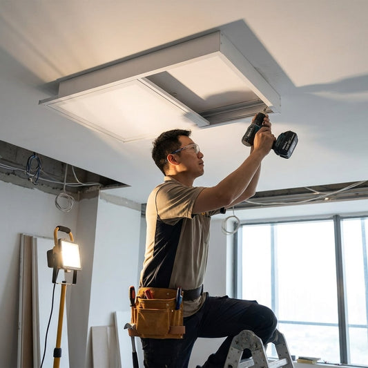 SunshinePanel Kit Fixation Saillie Dalle LED 60×60 cm - Cadre Aluminium Blanc RAL 9016 — vue détail installation plafond LED