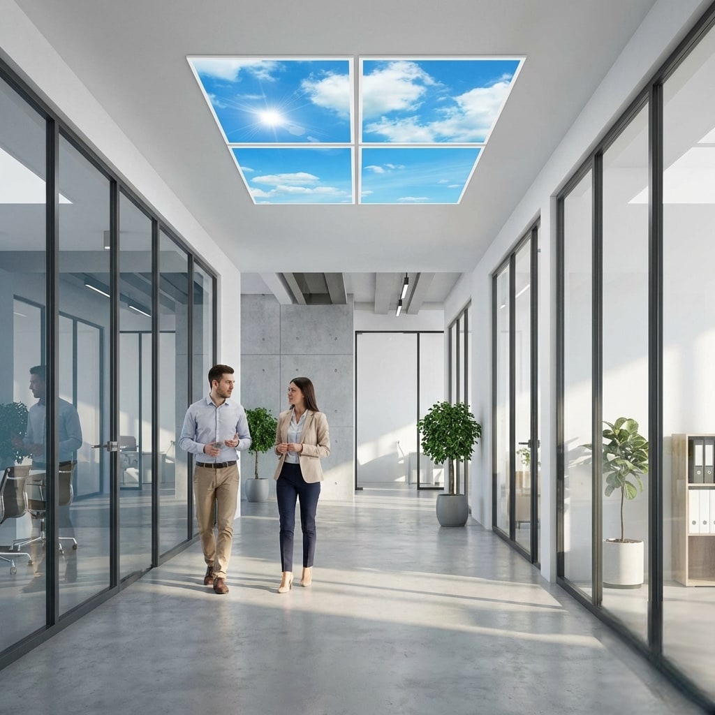 SunshinePanel Pack 4 Dalles LED Ciel Lumineux 60�60 cm - 1,44 m� Plafond Lumineux, vue d�tail installation plafond LED