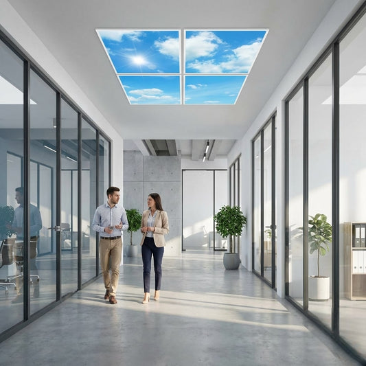 SunshinePanel Pack 4 Dalles LED Ciel Lumineux 60×60 cm - 1,44 m² Plafond Lumineux — vue détail installation plafond LED