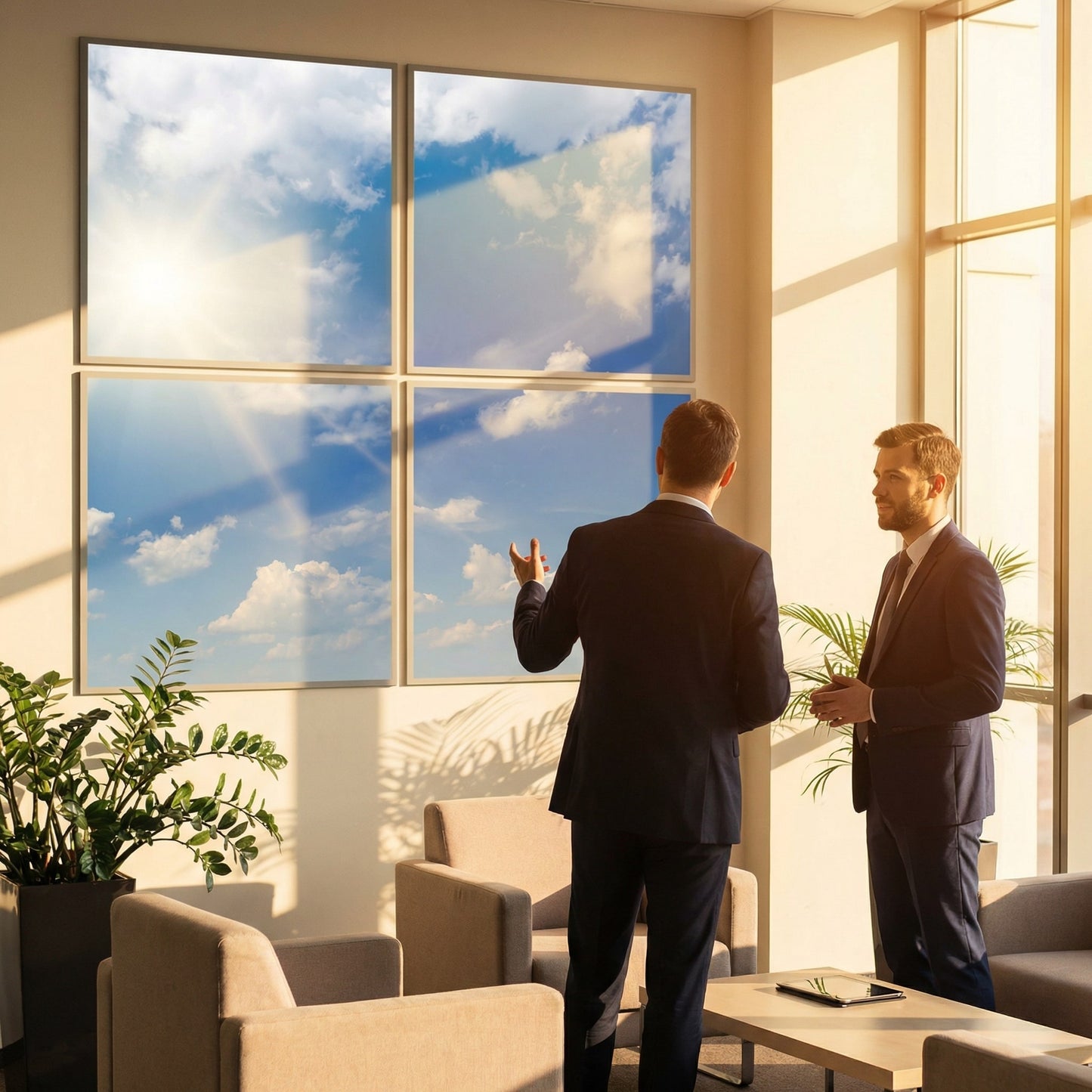SunshinePanel Pack 4 Dalles LED Ciel Très Nuageux 60×60 cm - 1,44 m² Plafond Lumineux — vue détail installation plafond LED