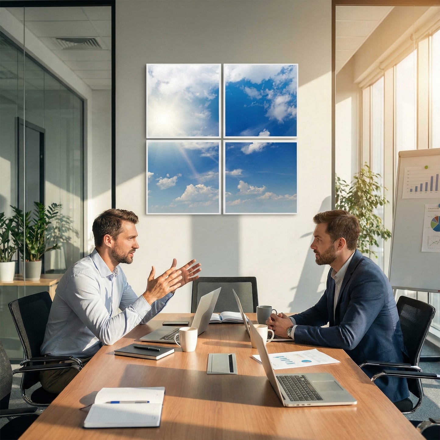SunshinePanel Pack 4 Dalles LED Ciel Très Nuageux 60×60 cm - 1,44 m² Plafond Lumineux — installation en faux plafond