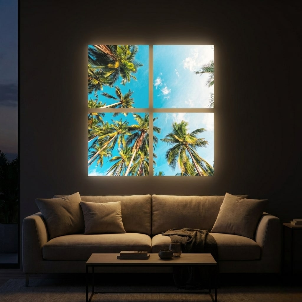 Pack 4 Dalles LED Évasion Tropicale 60×60 cm - ambiance installation - SunshinePanel